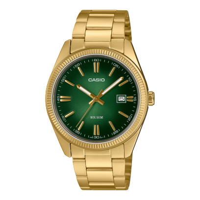 Reloj Casio con esfera de color verde oscuro que se oscuriza mas con toques dorados y exterior de acero en color dorado.
