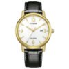 Reloj Citizen con esfera de color blanco con toques en oro y correa de piel en color negro.