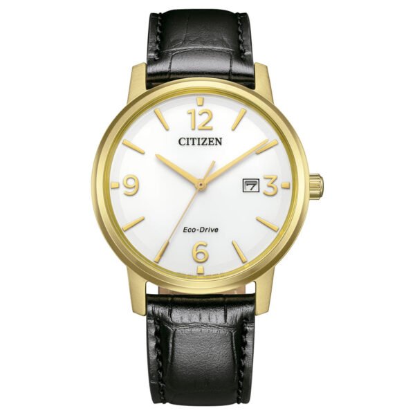 Reloj Citizen con esfera de color blanco con toques en oro y correa de piel en color negro.