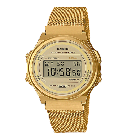 Reloj Casio A171WEMG-9AEF dorado con pantalla digital y diseño vintage.