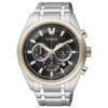 Primer plano del Citizen CA4014-57E, reloj cronógrafo dorado con esfera negra y tecnología Eco-Drive.