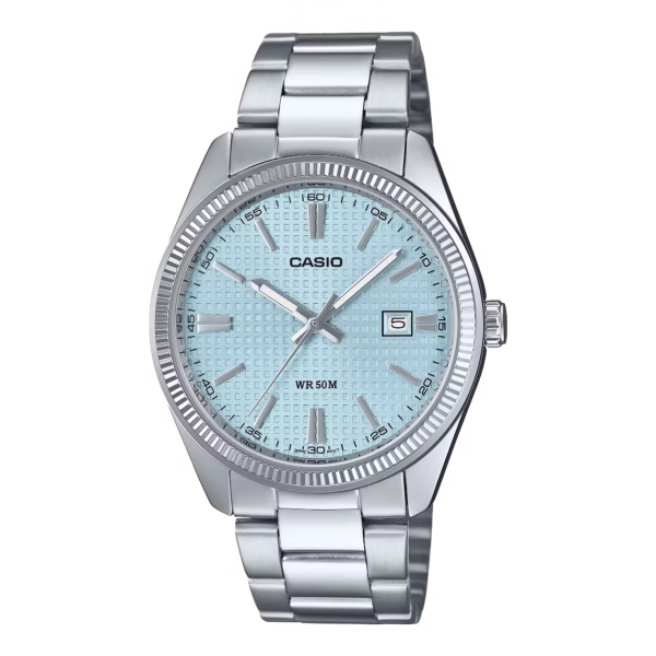 Casio MTP-1302PE-2AVEF – Reloj Analógico con Esfera Azul y Correa de Acero Primer plano del Casio MTP-1302PE-2AVEF, reloj analógico con esfera azul y correa de acero inoxidable.