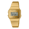 Primer plano del Casio A700WEVG-9AEF, reloj digital dorado con pantalla LCD y correa de malla.