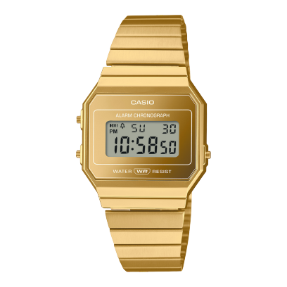 Primer plano del Casio A700WEVG-9AEF, reloj digital dorado con pantalla LCD y correa de malla.