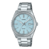 Primer plano del Casio MTP-1302PE-2AVEF, reloj analógico con esfera azul y correa de acero inoxidable.