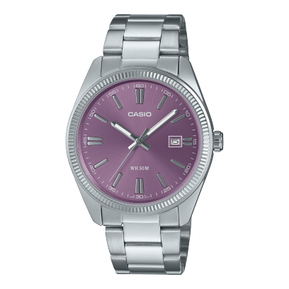 Casio MTP-1302PD-6AVEF – Reloj Analógico con Esfera Lila y Correa de Acero Primer plano del Casio MTP-1302PD-6AVEF, reloj analógico con esfera lila y correa de acero inoxidable.