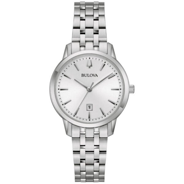 Vista frontal del Bulova 96M165 Reloj Bulova 96M165 con esfera y correa plateadas.