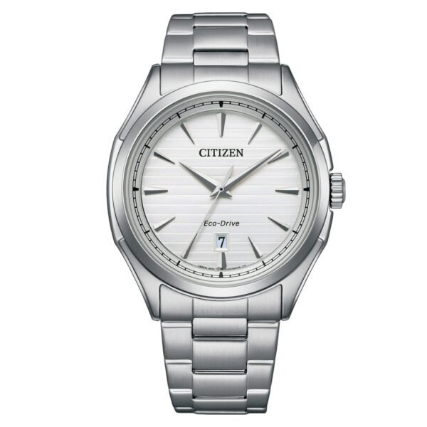Citizen AW1750-85A – Vista frontal Reloj Citizen AW1750-85A con esfera plateada y correa metálica
