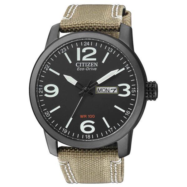 Vista frontal del Citizen BM8476-23E Reloj Citizen BM8476-23E con correa beige y esfera negra.