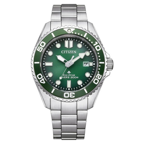 Vista frontal del Citizen Promaster BN0269-50W Reloj Citizen Promaster BN0269-50W con esfera verde.