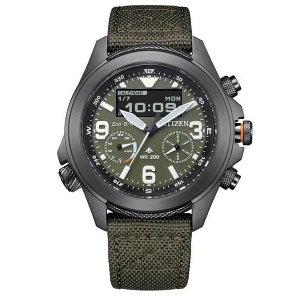 Citizen JV1005-02W – Vista principal Reloj Citizen JV1005-02W con correa blanca y pantalla digital