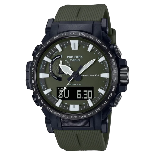 Vista frontal del Casio Pro Trek PRW-61Y-3ER Reloj Casio Pro Trek PRW-61Y-3ER con esfera de alto contraste.