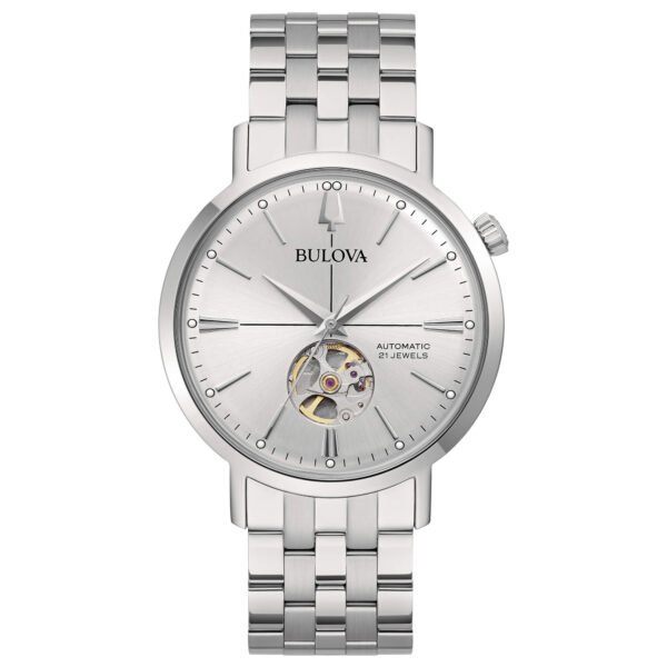 Vista frontal del Bulova 96A276 Bulova 96A276 con esfera esqueletada y brazalete de acero.