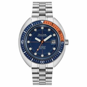 Reloj Bulova 96B321 con esfera azul y brazalete de acero.