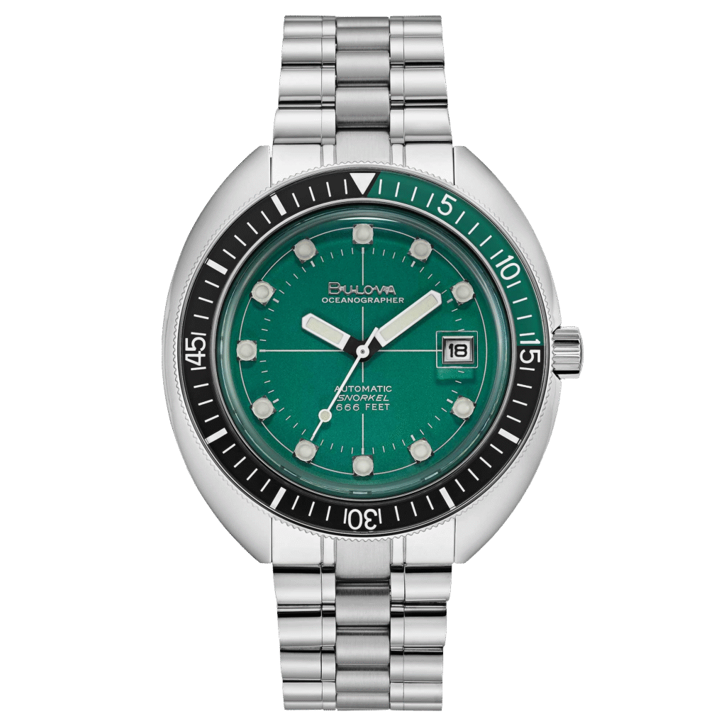 Reloj Bulova Oceanographer 96B322 con esfera verde visto desde el frente.