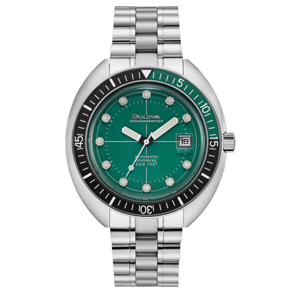 Reloj Bulova Oceanographer 96B322 con esfera verde visto desde el frente.