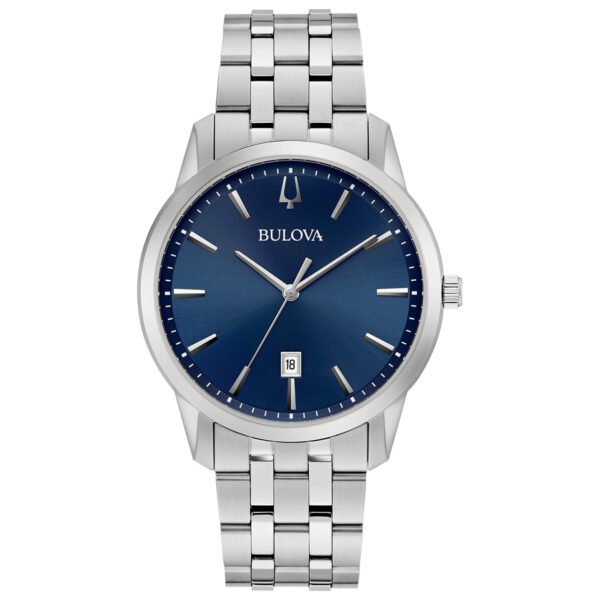Vista frontal del Bulova 96B338 Reloj Bulova 96B338 con esfera azul oscuro y brazalete de acero.