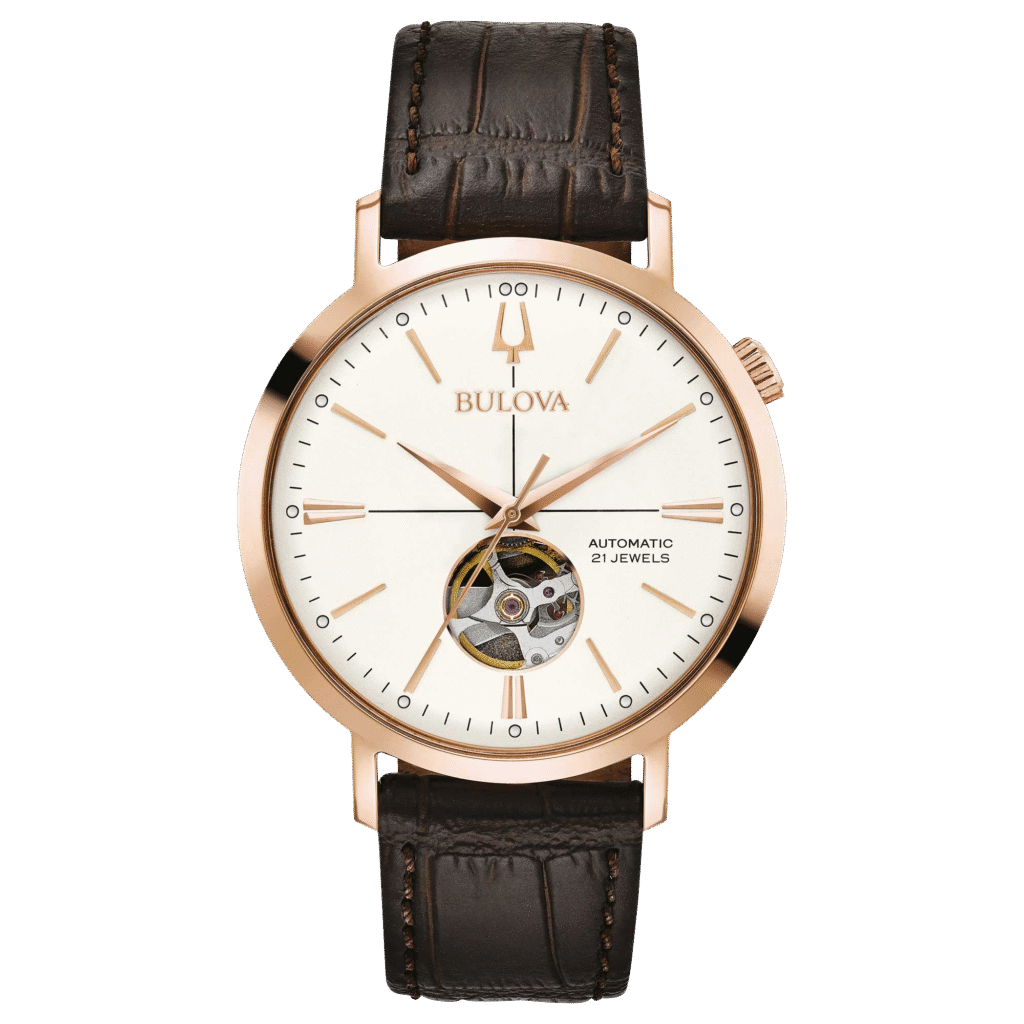 Reloj Bulova 97A136 con esfera abierta y acabado dorado.
