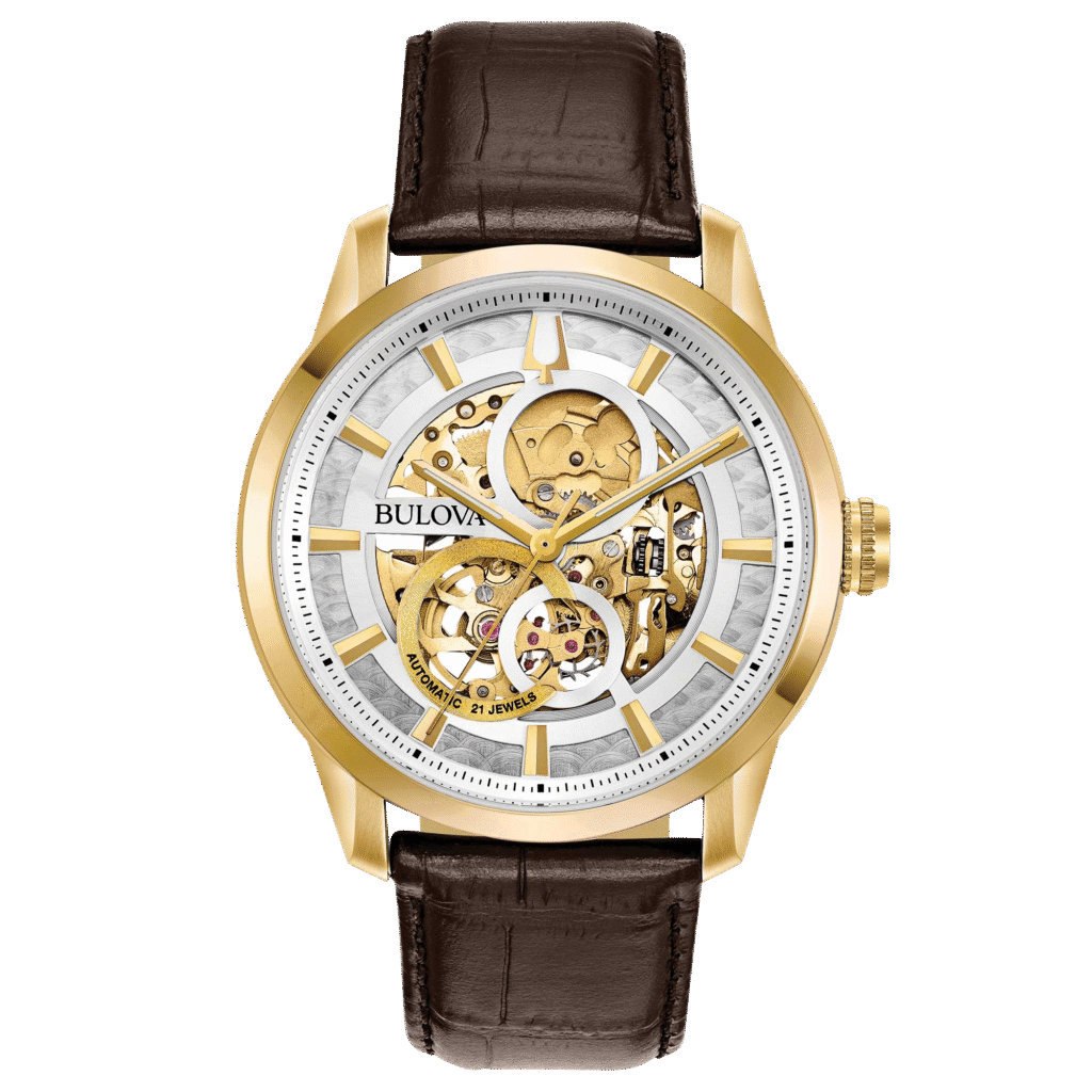 Reloj Bulova 97A138 con esfera esqueleto y acabado dorado.