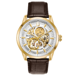 Reloj Bulova 97A138 con esfera esqueleto y acabado dorado.