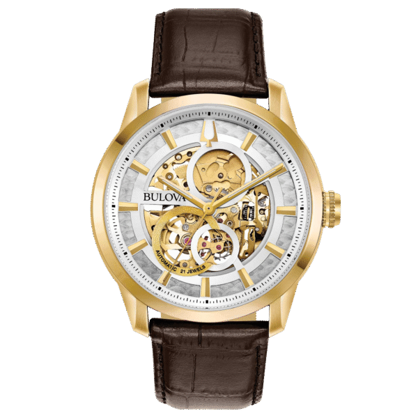 Reloj Bulova 97A138-768x7 Reloj Bulova 97A138 con esfera esqueleto y acabado dorado.