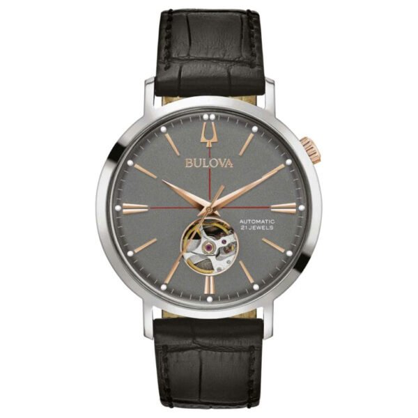 Reloj Bulova 98A187 automático Reloj Bulova 98A187 con esfera negra y mecanismo visible.