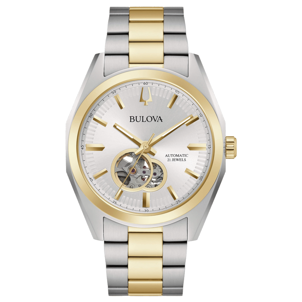 Reloj Bulova 98A284 con diseño esqueleto y correa negra.