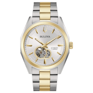 Reloj Bulova 98A284 con diseño esqueleto y correa negra.