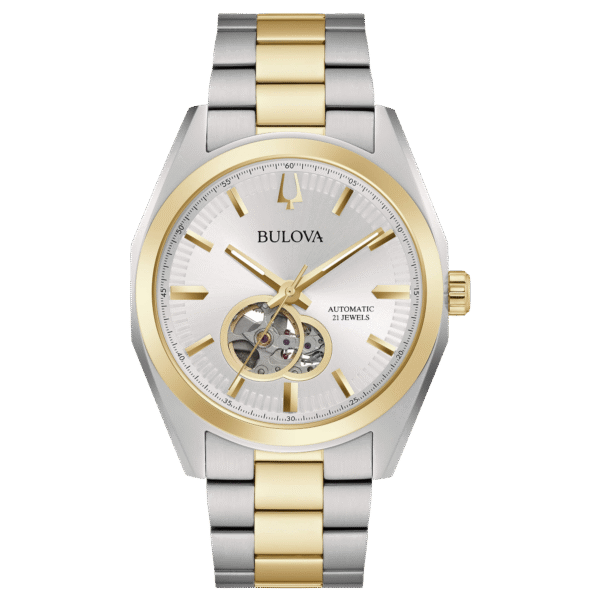 Reloj Bulova 98A284 con diseño esqueleto y correa negra.