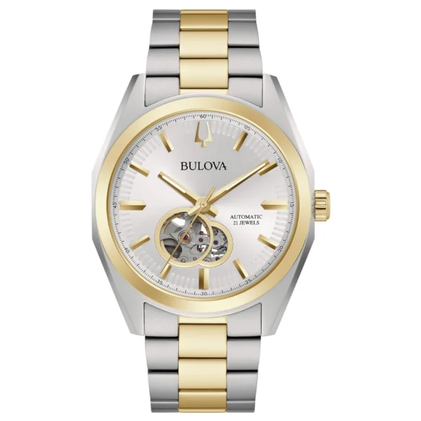 Vista frontal del Bulova 98A284 Reloj Bulova 98A284 con diseño esqueleto y correa negra.