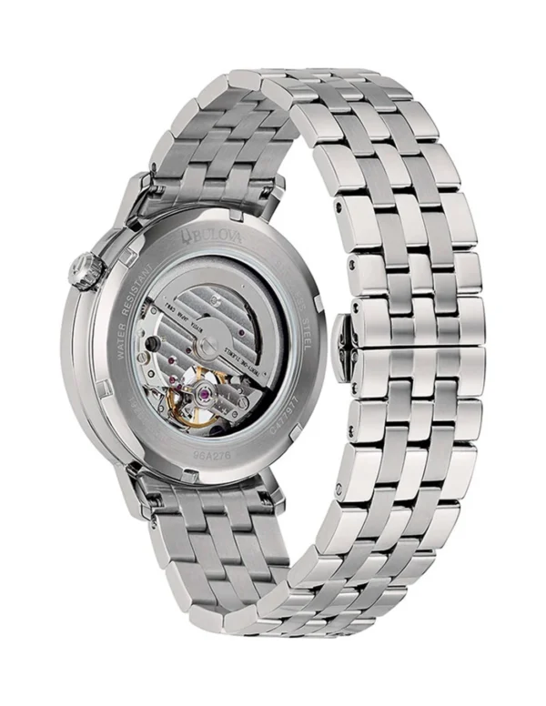Fondo transparente decorado Parte trasera del Bulova 96A276 con fondo transparente y rotor visible.