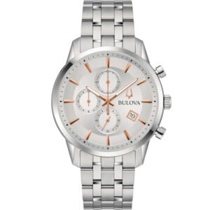 Reloj Bulova 96B411 cronógrafo de acero con esfera plata y detalles oro rosado.
