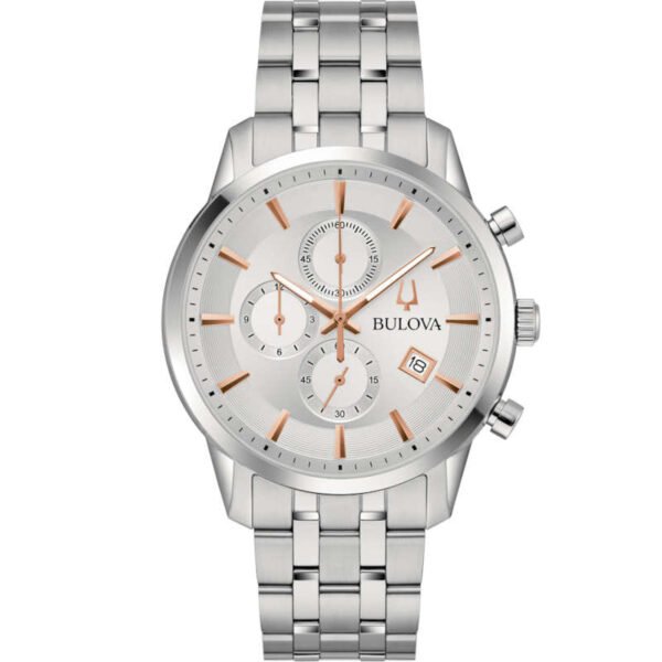 Reloj Bulova 96B411 Reloj Bulova 96B411 cronógrafo de acero con esfera plata y detalles oro rosado.