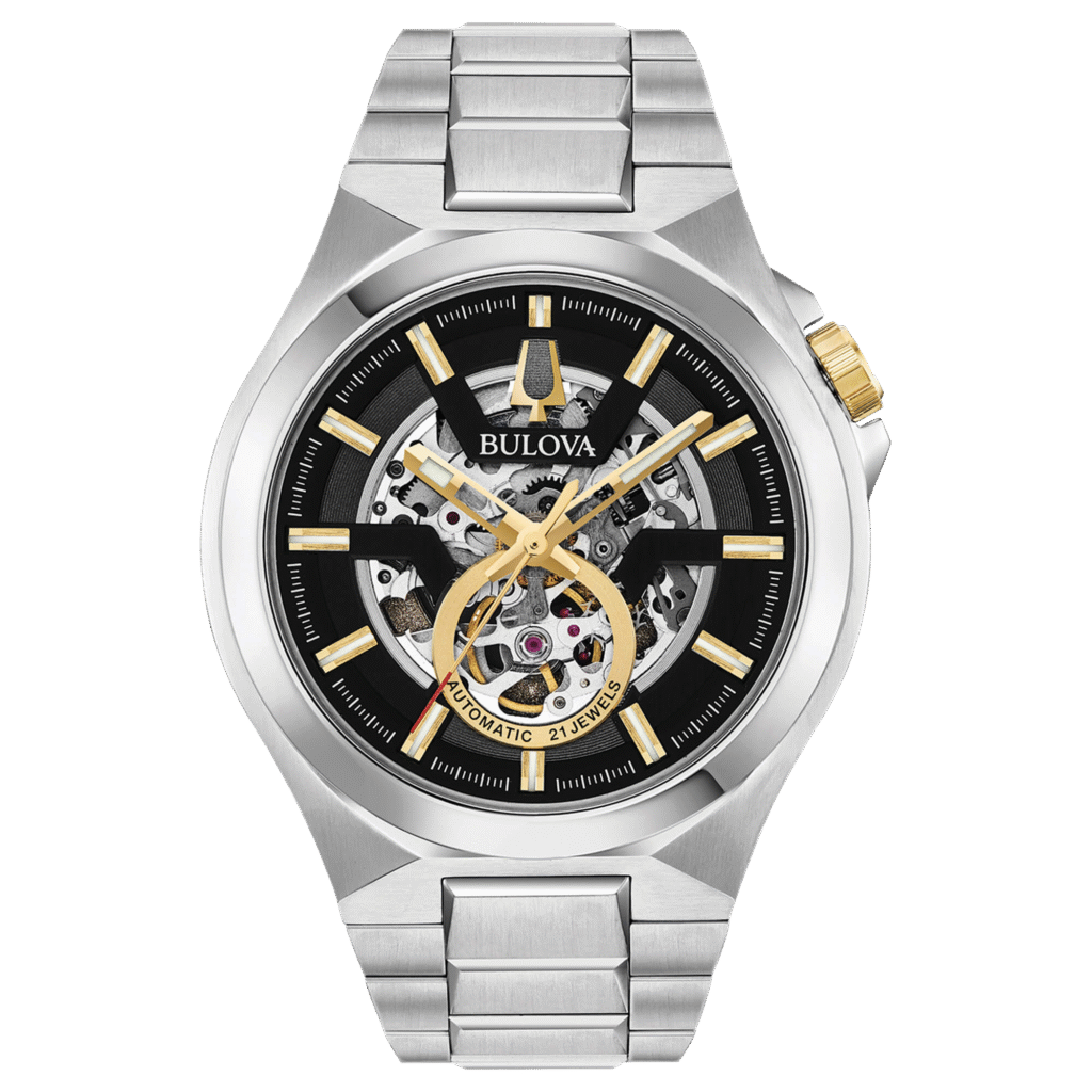 Imagen principal del reloj Bulova 97A136 mostrando su caja dorada, esfera clara y ventana mecánica.