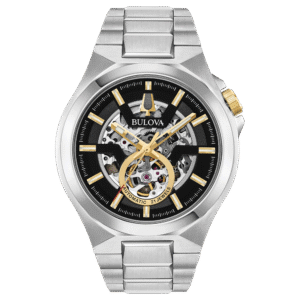 Imagen principal del reloj Bulova 97A136 mostrando su caja dorada, esfera clara y ventana mecánica.