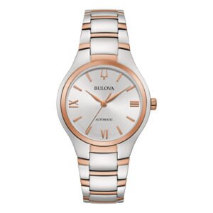 Primer plano de la esfera plateada con índices romanos del Bulova 98L313.