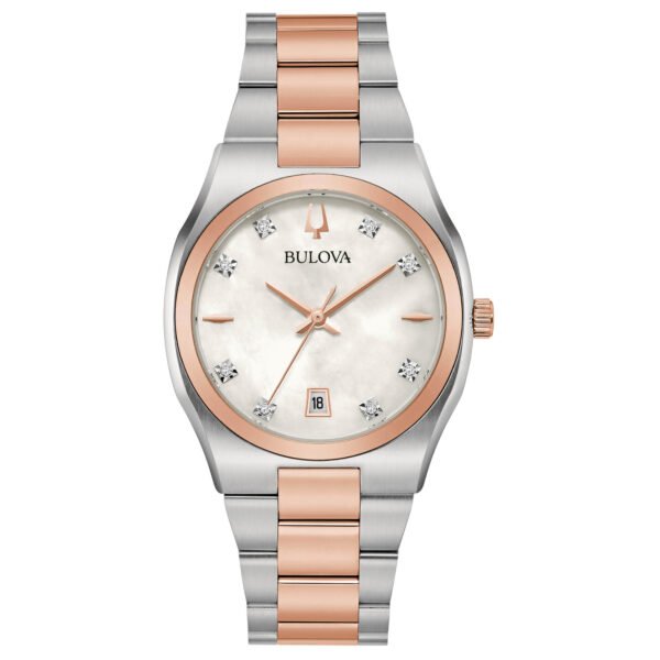 Detalle de esfera con diamantes – Bulova 98P199 Esfera blanca con diamantes del reloj Bulova 98P199