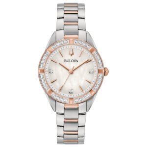 Esfera blanca nacarada del Bulova 98R281 con cuatro diamantes reales
