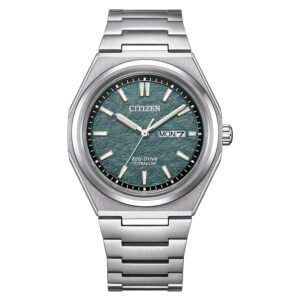 Esfera verde del Citizen AW0130‑85X con agujas luminiscentes
