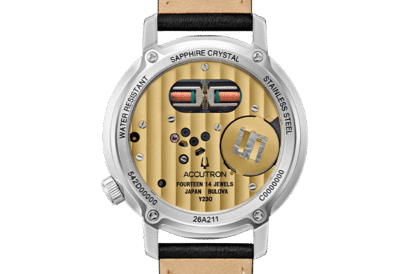Parte trasera del reloj Accutron 26A211. Elegancia clásica en acero y piel Parte trasera del reloj Accutron 26A211 de diseño clásico con caja de acero. inoxidable y esfera elegante.