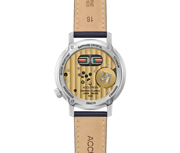 Parte trasera del reloj Accutron 26A213. Elegancia clásica en acero y piel Parte trasera del reloj Accutron 26A213 de diseño clásico con caja de acero. inoxidable y esfera elegante.