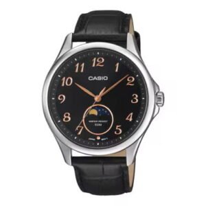 Esfera negra del Casio MTP-M110L-1AVER con detalles dorados.
