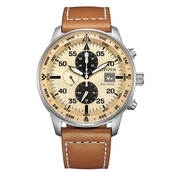 Portada CA0880-15X – Reloj Aviator Crono de Citizen Eco Drive B612 Beige y negro