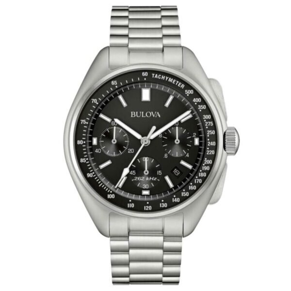 Reloj Bulova 96B258 Lunar Pilot frontal con cronógrafo plateado.