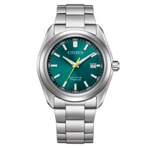 Reloj Citizen AW1900-50X Eco-Drive Titanium esfera verde fondo blanco