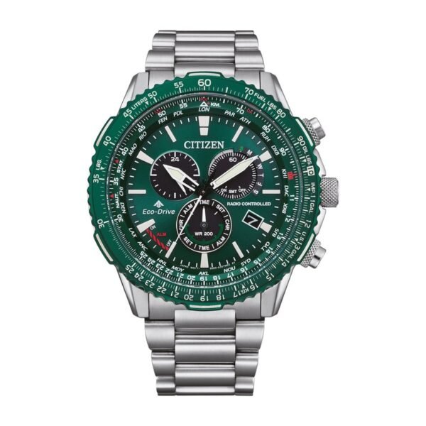 Citizen CB5004-59W frontal Reloj Citizen CB5004-59W vista frontal esfera verde caja de acero