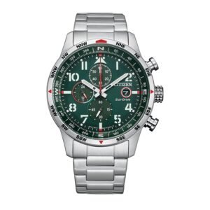 Reloj Citizen CA0791-81X vista frontal bezel brújula aviador verde
