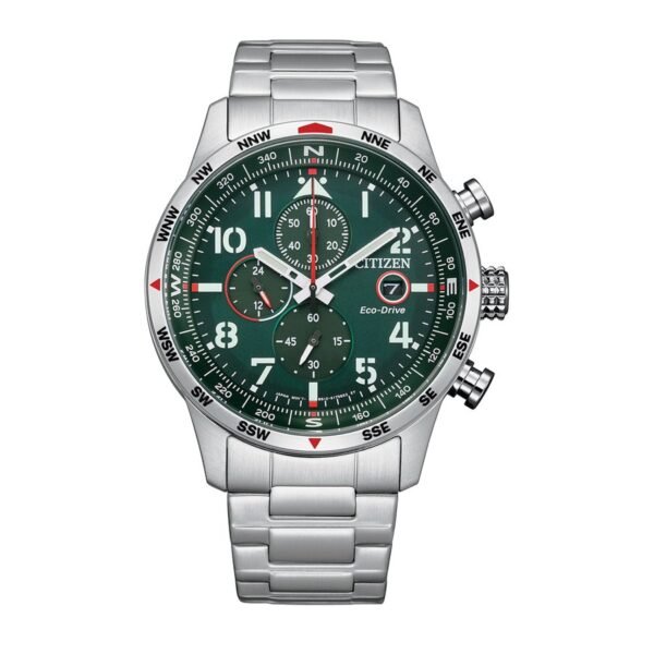 Reloj Citizen CA0791-81X vista frontal bezel brújula aviador verde