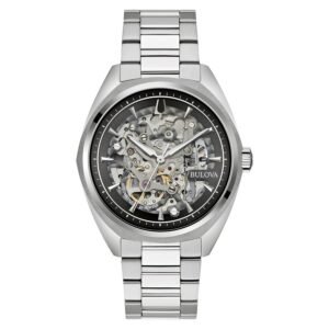 Reloj Bulova 96A293 Surveyor vista frontal esfera esqueleto negra caja y pulsera de acero