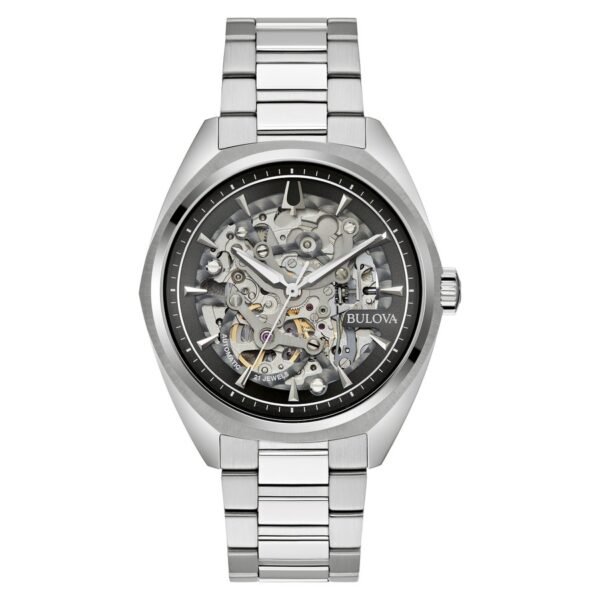 Bulova 96A293 frontal negro Reloj Bulova 96A293 Surveyor vista frontal esfera esqueleto negra caja y pulsera de acero